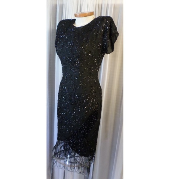 Vintage Silk Dress Fringe 8 Beads Sequins Kazar M - Picture 7 of 8